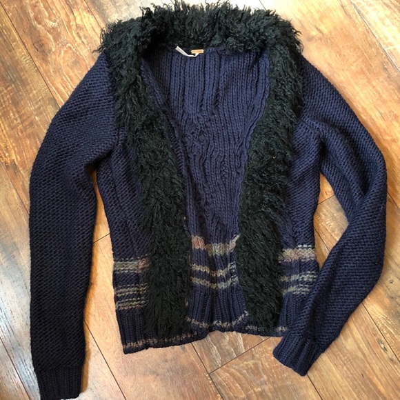 Free People Sweaters - Free People navy cardigan with black furry collar